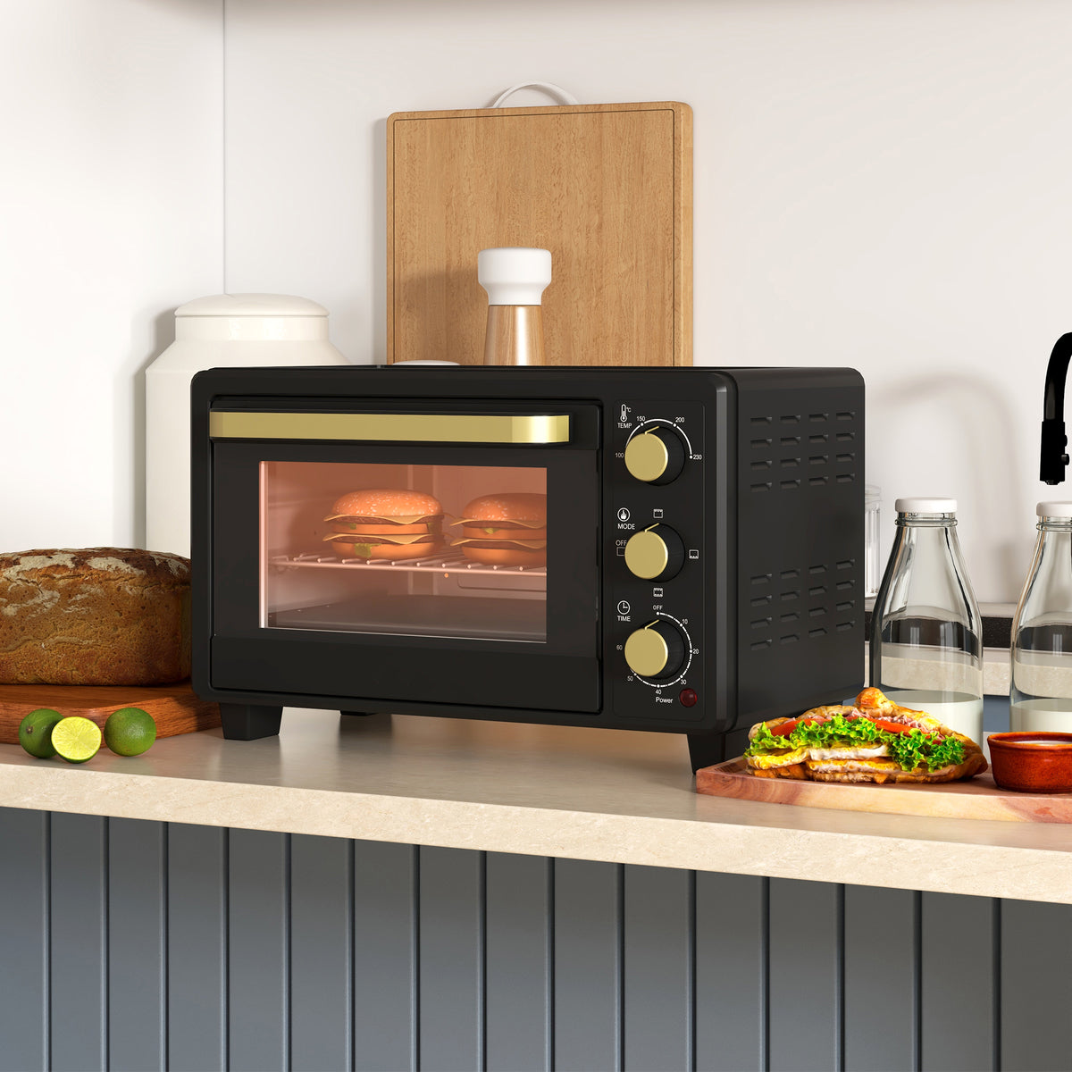 Mini-oven, oven met broodroosterfunctie, timer, grillrooster, bakplaat, glazen venster, metaal, zwart (2)
