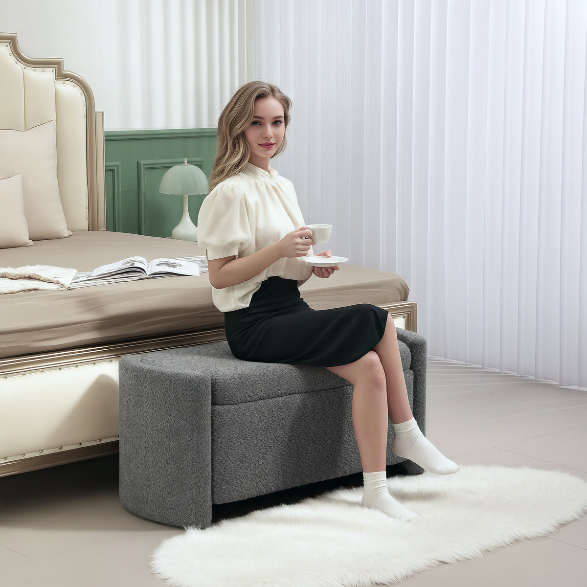 Zitbank met opbergruimte halbank schoenenbank, gestoffeerd, 105 cm x 44 cm x 45,5 cm. Grijs (2)