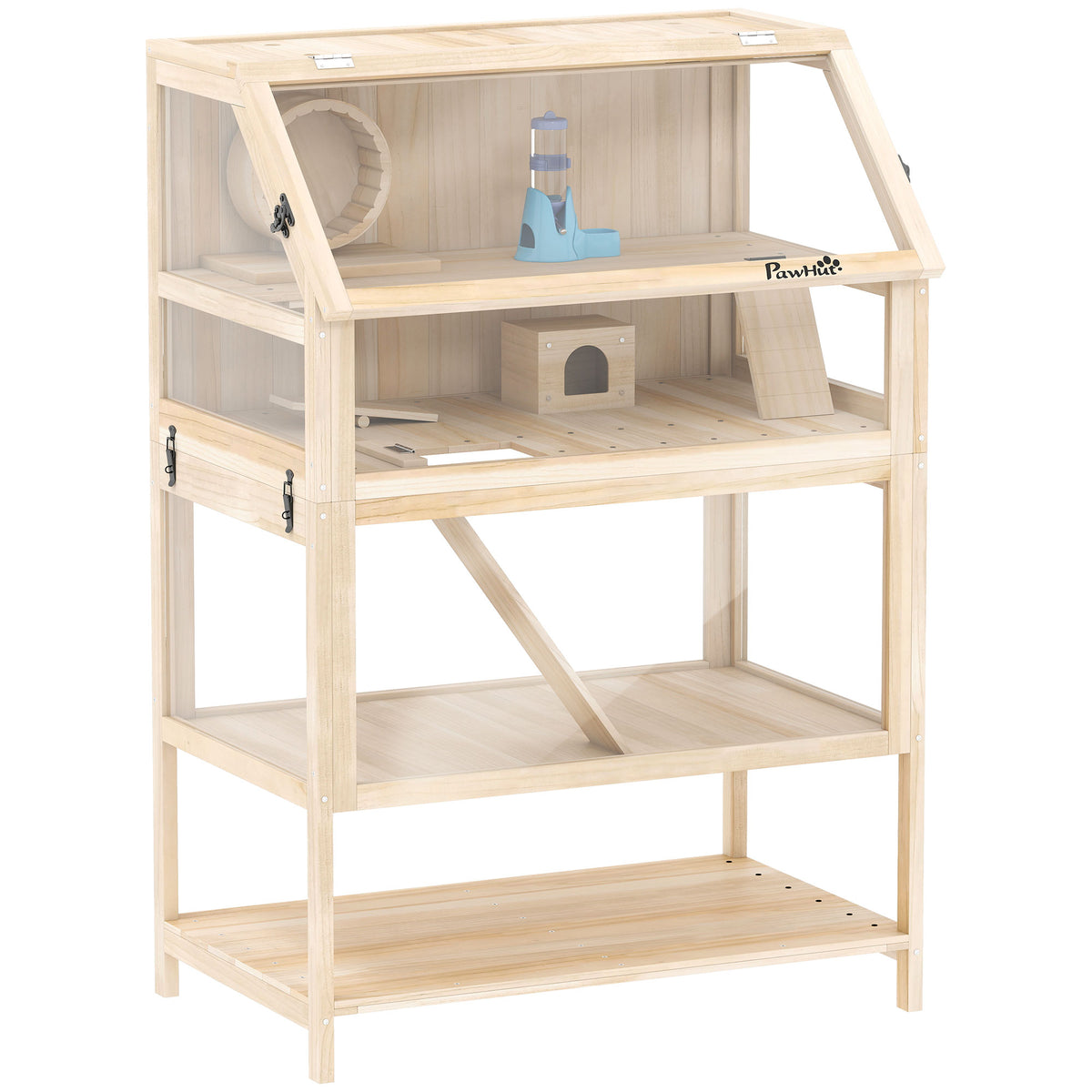 Hamsterkooi van hout 3 verdiepingen knaagdierkooi met uitneembare bodem opbergvak loopwiel wip wap helling