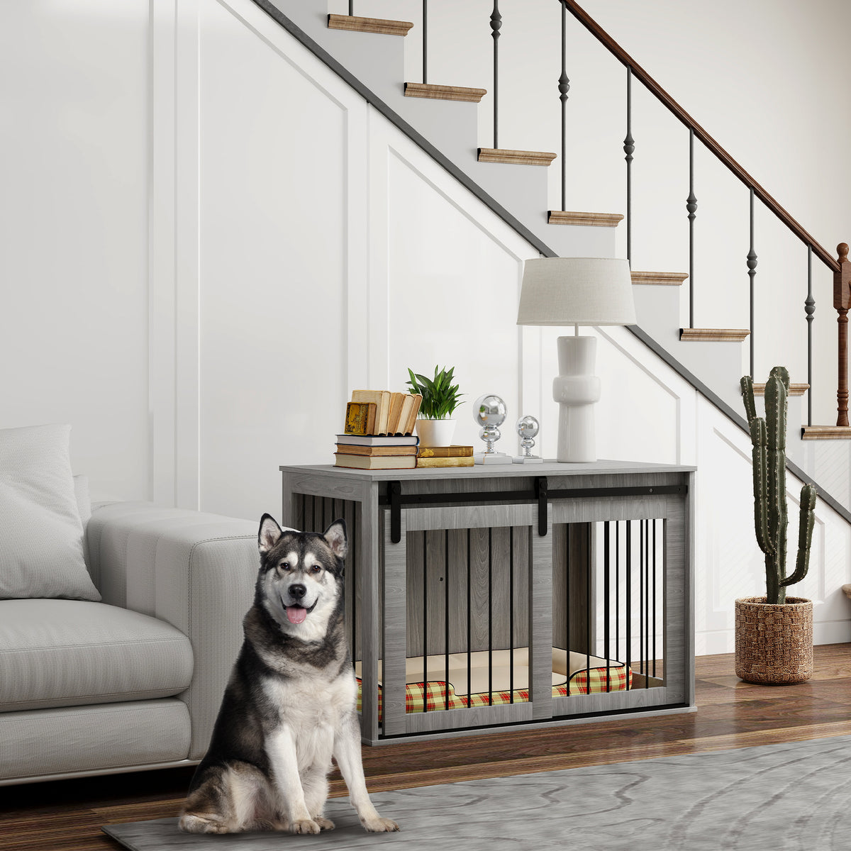 Hondenbench met schuifdeur, ventilatie, spaanplaat en staal, 98 x 58 x 61 cm, grijs (2)