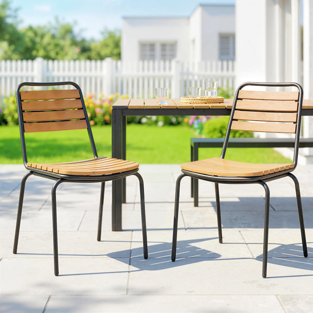 Tuinstoel set van 2 weerbestendige tuinstoelen van staal en hout stapelbare stoel met rugleuning belastbaar tot (2)