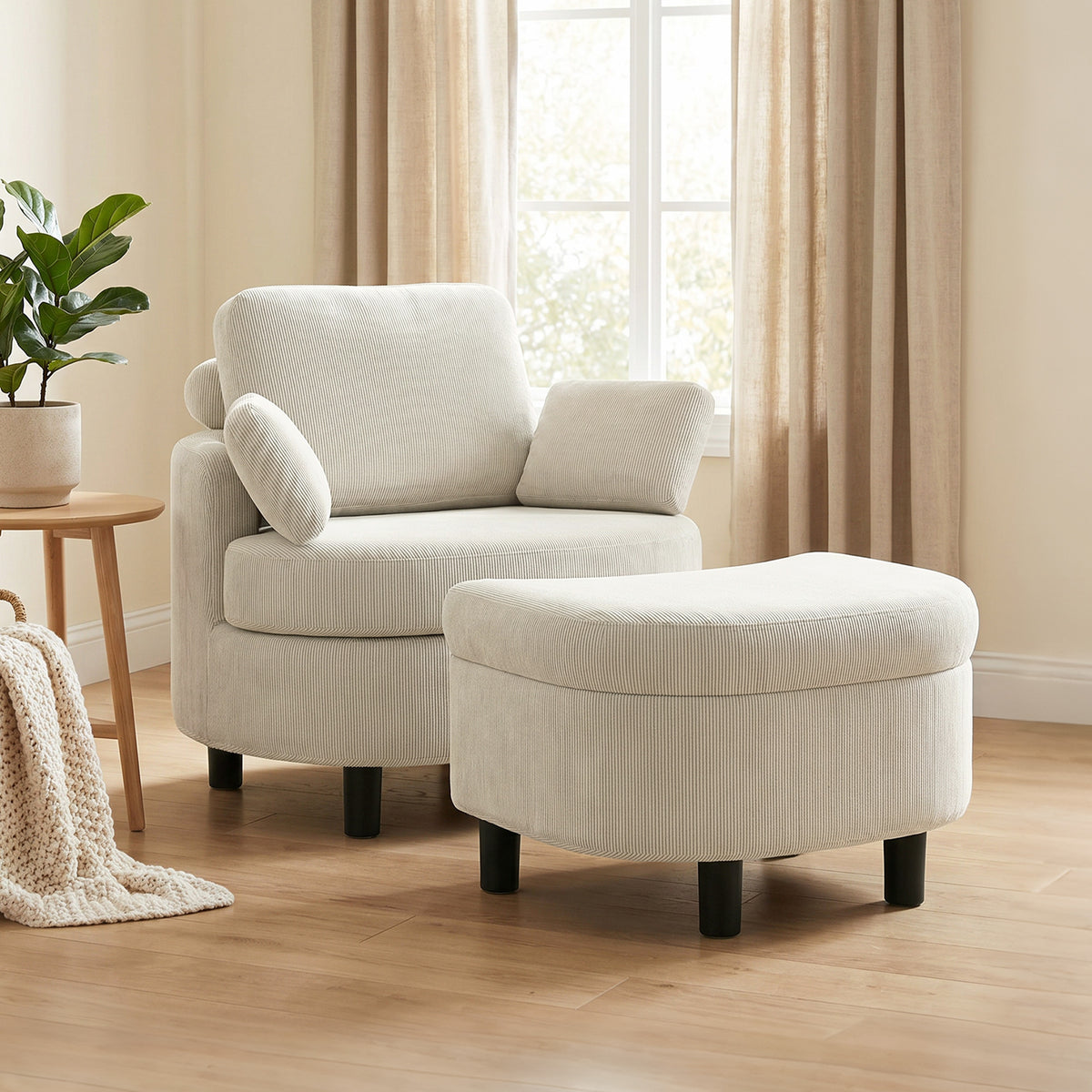 Fauteuil met opberghocker, corduroy bekleding, ronde leesstoel met verstelbare hoofdsteun, brede zitting (2)