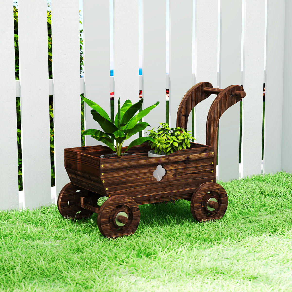 Verhoogde plantenbak van hout, plantenbak in wagenvorm, kweekbak met 4 wielen en handgreep, tuinbed 68 x 38 x 52 (2)