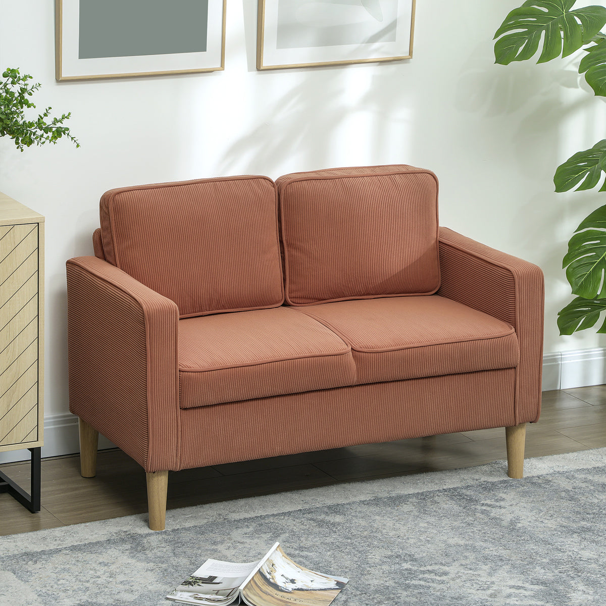 Tweezitsbank met opbergruimte en massief houten poten, voor woonkamer, slaapkamer, 117 x 63 x 79 cm, oranje (2)