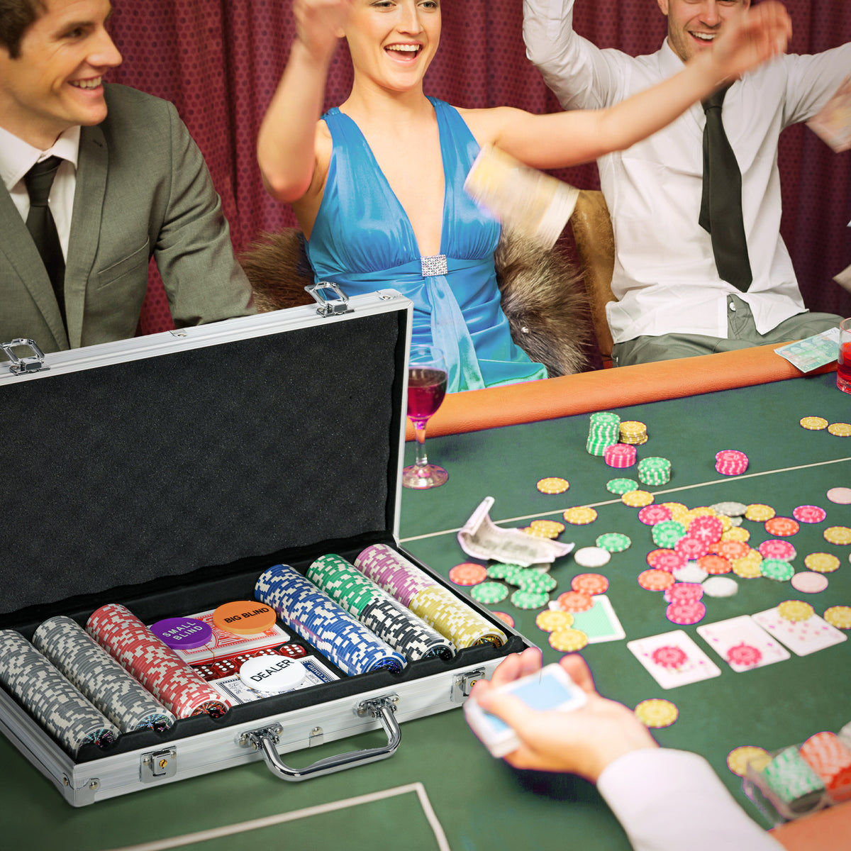 Casino-accessoires en chips pokerset met chips, pokerkoffer, incl. onderlegger, 500 chips, set voor 9-10 spelers (2)