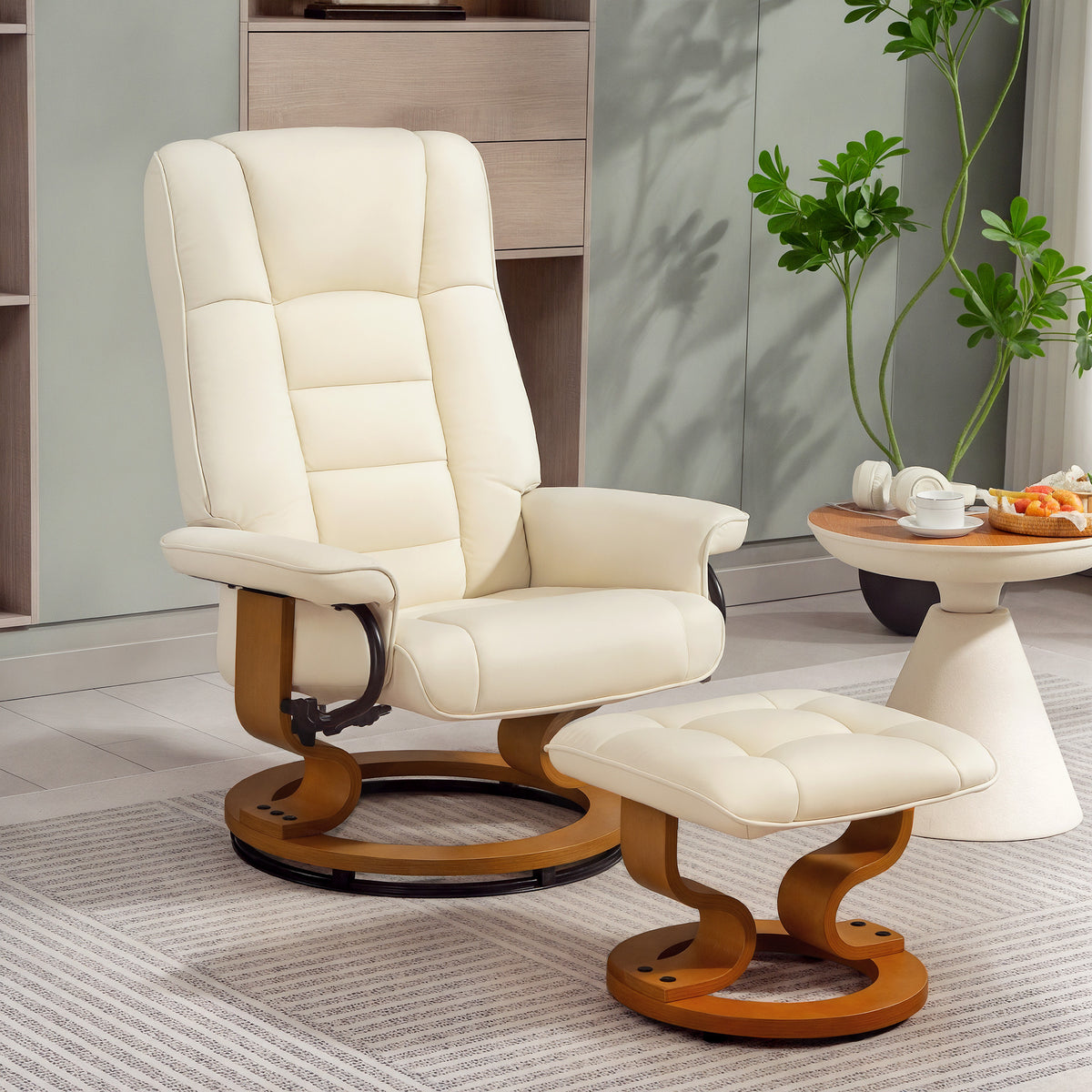 Relaxfauteuil met hocker, draaibaar & kantelbaar, kunstlederen bekleding, tot 150 kg, houten onderstel, crèmewit (2)