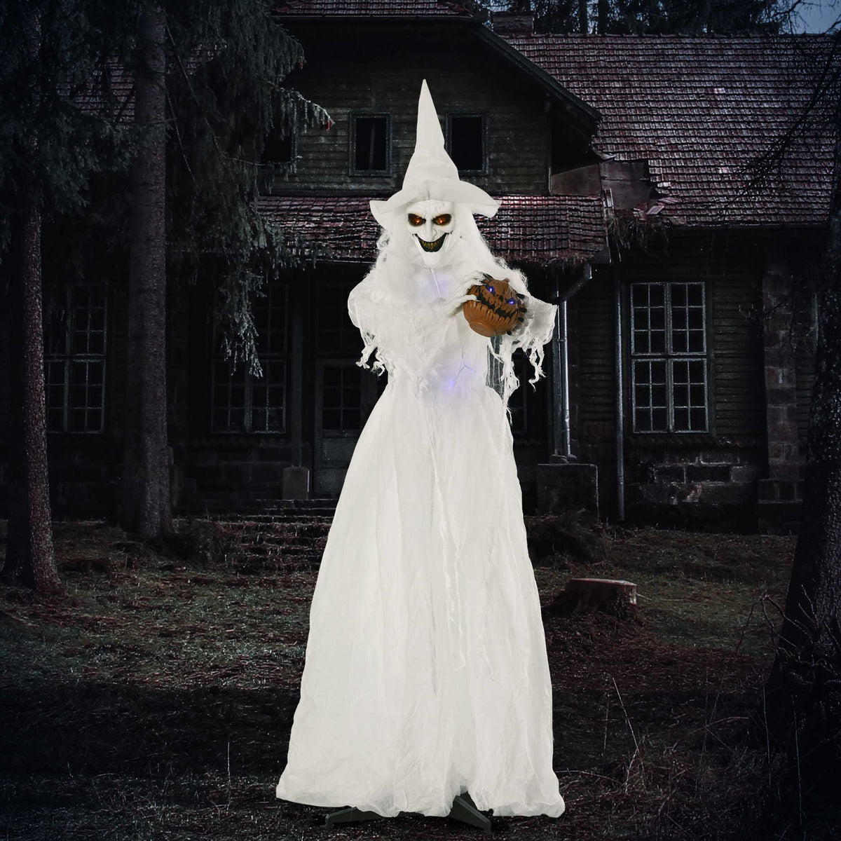 189 cm witte heks met pompoenkop, levensgrote Halloween-buitendecoratie (2)
