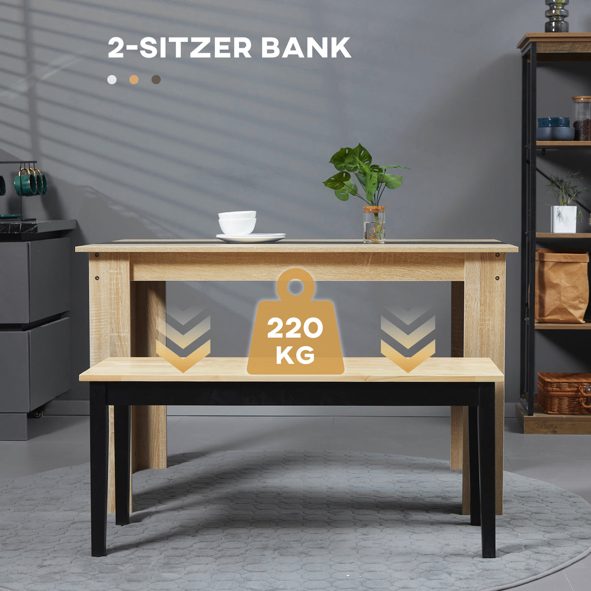 Moderne zitbank voor 2 personen, houten bank, massief hout, gelakt, natuur + zwart (4)