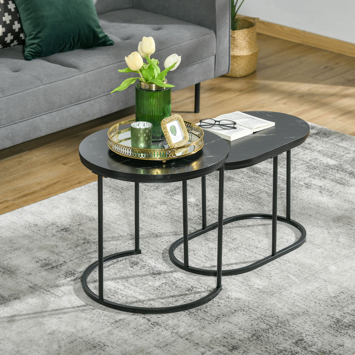 2-delige salontafelset, ovale en ronde koffietafel, stapelbaar, marmerlook, MDF, metaal, Ø50 x 50,5H cm, zwart