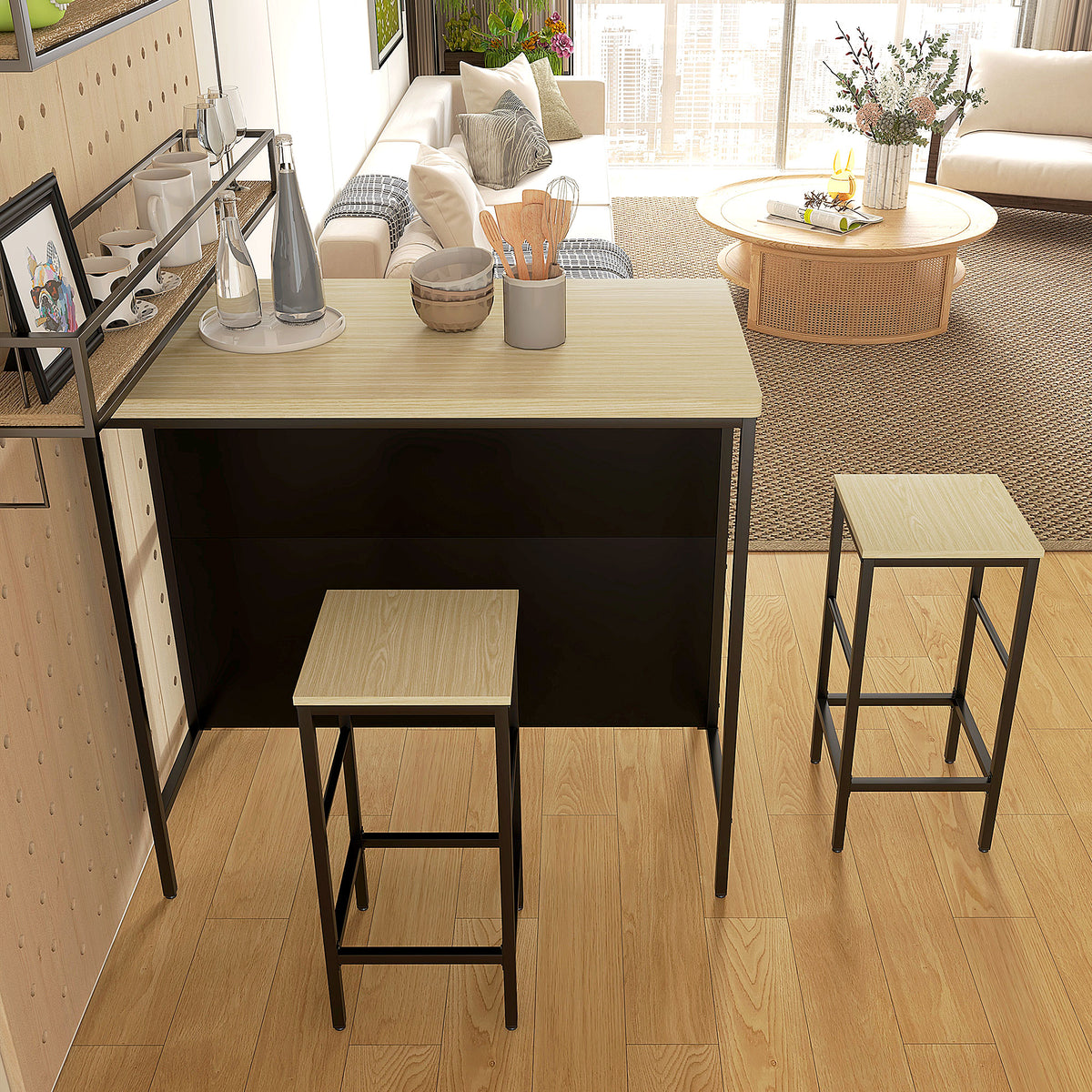 Barset, 2 barkrukken & 1 barstafel, vlekbestendig, stabiel, stalen frame, zwart/eiken (8)