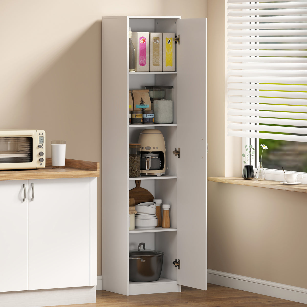 Keukenkast, opbergkast met 5 niveaus, verstelbare planken, voor woonkamer, keuken, voorraadkast, hout, wit (2)