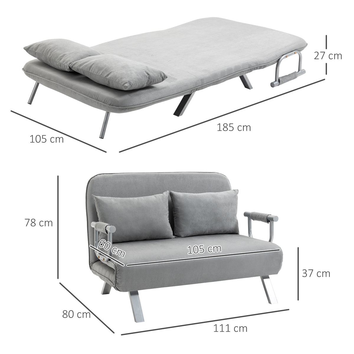 Slaapbank, tweezitsbank, logeerbed, inclusief 2 kussens, grijs (3)