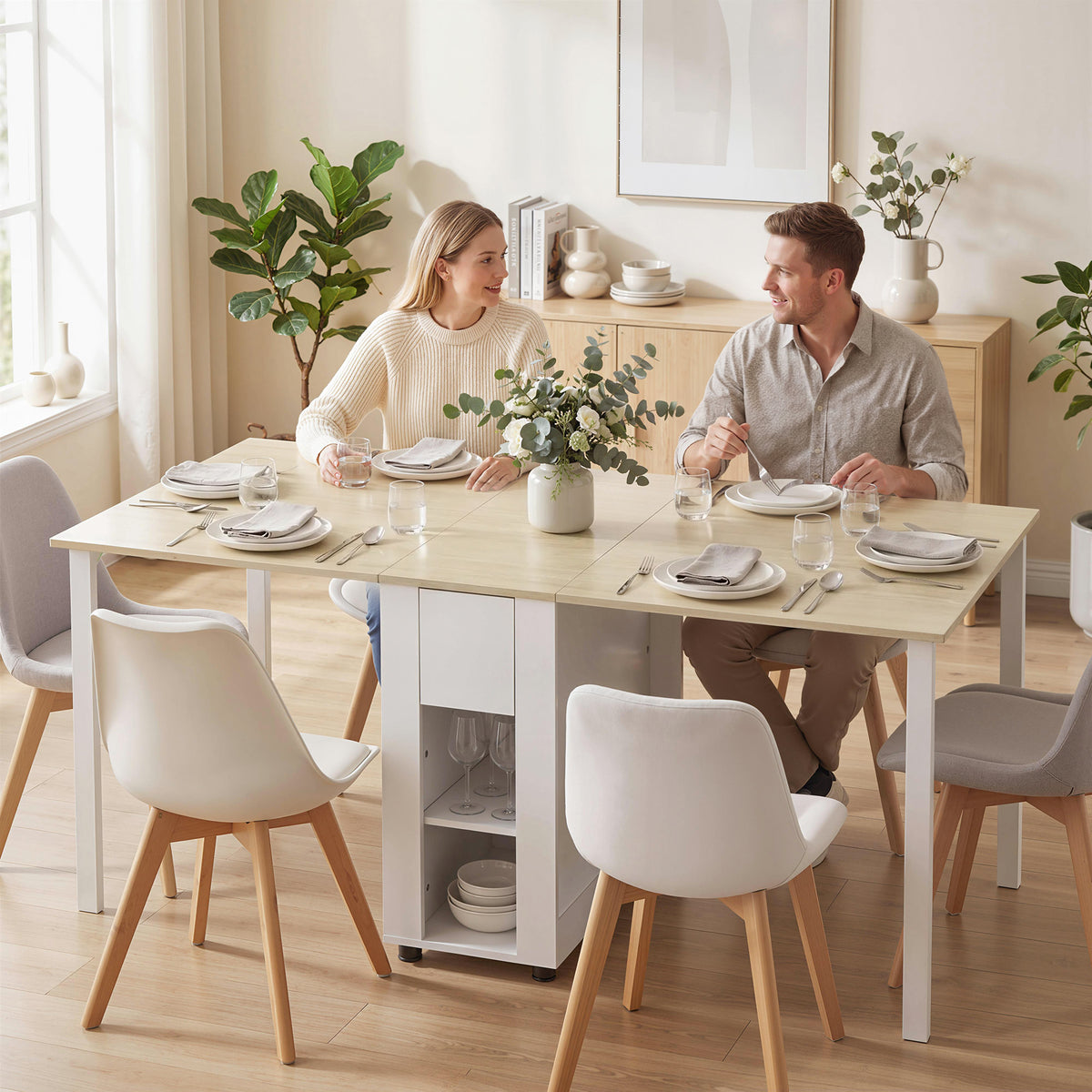Klaptafel voor 6 personen, 168 cm lange uitschuifbare eettafel met 2 lades & 4 opbergvakken (2)