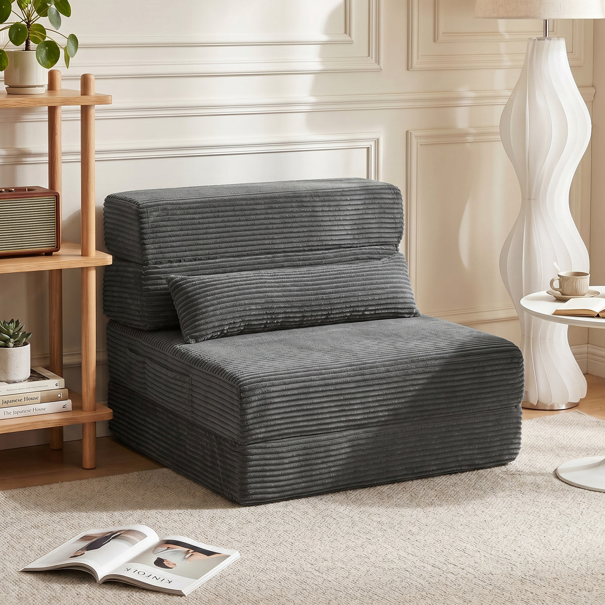 Vloerstoel met rugsteun, Cord Boneless Cloud opvouwbare slaapbank met dik kussen, donkergrijs (2)