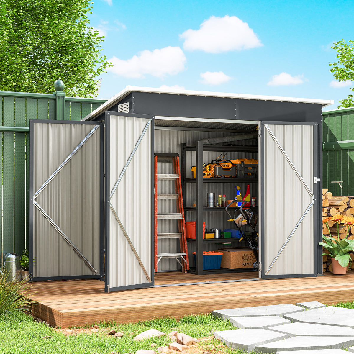 Metalen tuinhuis 2,68 m², afsluitbaar gereedschapsschuur met 3 deuren ventilatie lessenaarsdak handschoenen (2)