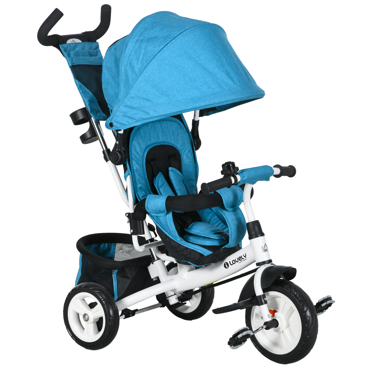 Kinderdriewieler, kinderfiets, rugmand, bekerhouder, zonnekap, metaal, blauw