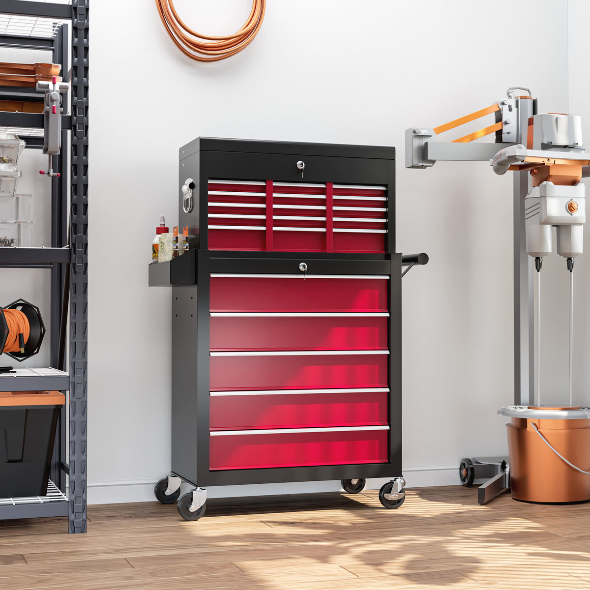 Gereedschapswagen, tweedelig, afsluitbaar, 14 laden, geperforeerde wand, staal, rood (2)