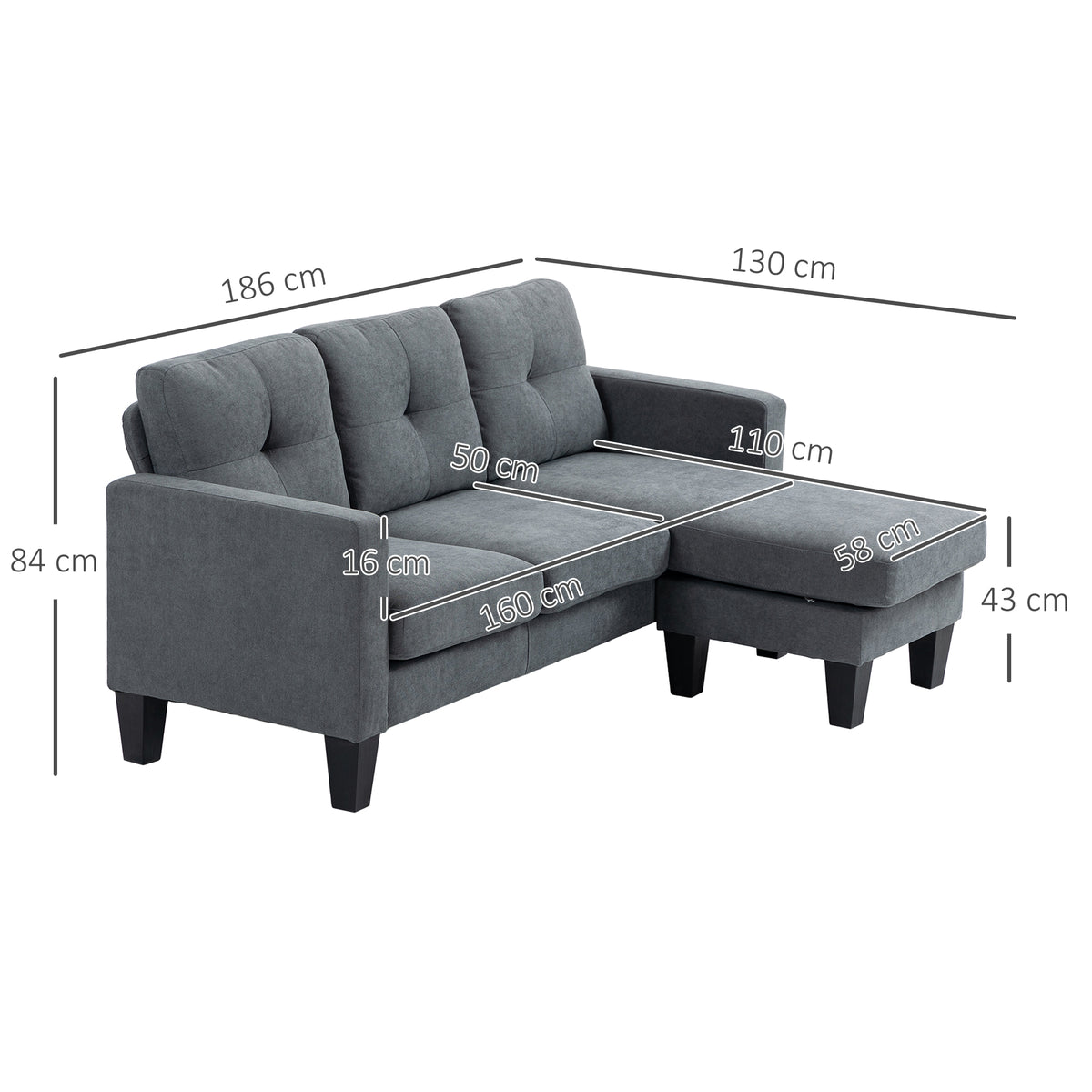 Hoekbank in L-vorm, aan beide zijden monteerbare chaise longue, gestoffeerde bank, donkergrijs (3)