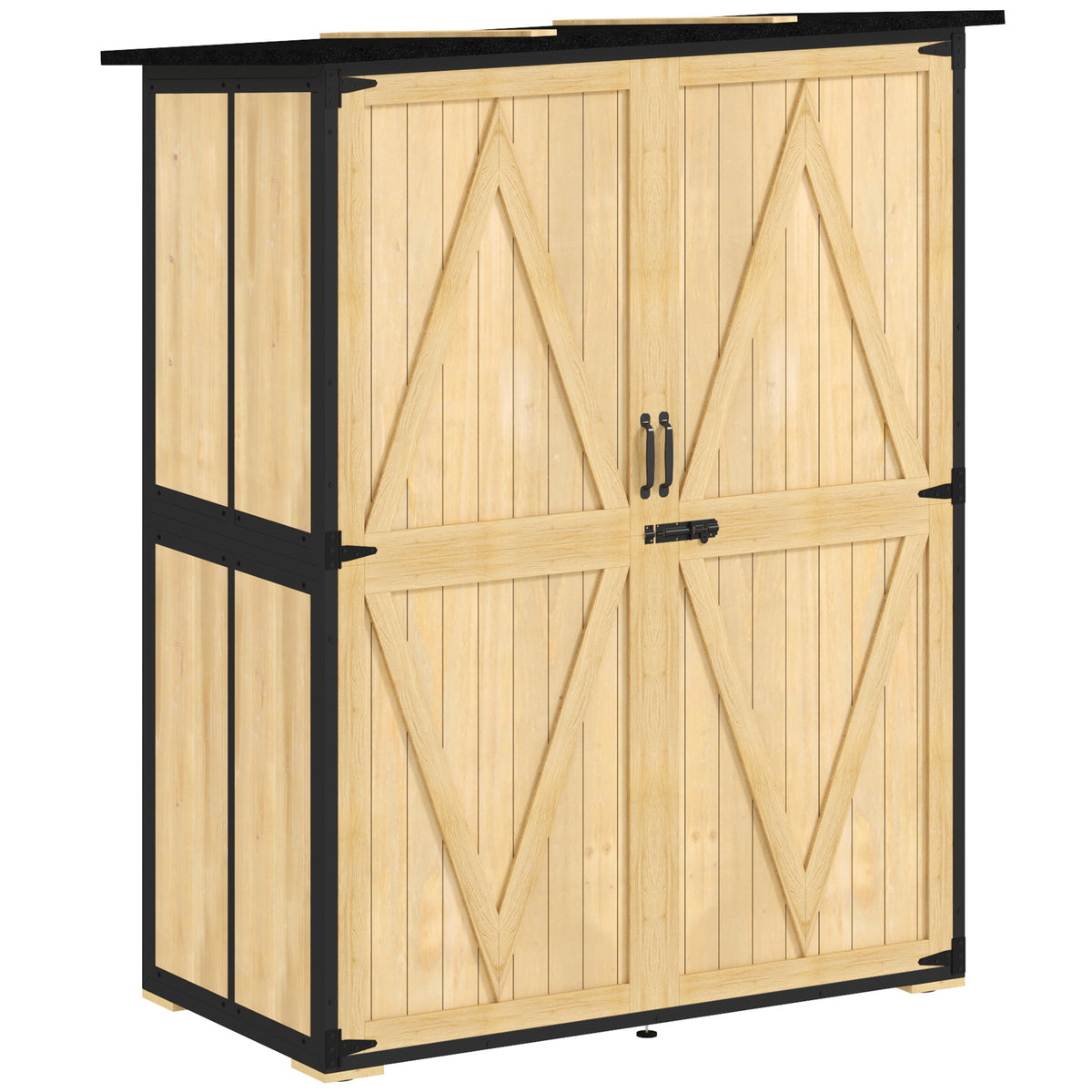 Tuinkast van hout en staal, outdoor gereedschapskast met asfalt dak, 2 planken, afsluitbare deuren, naturel hout