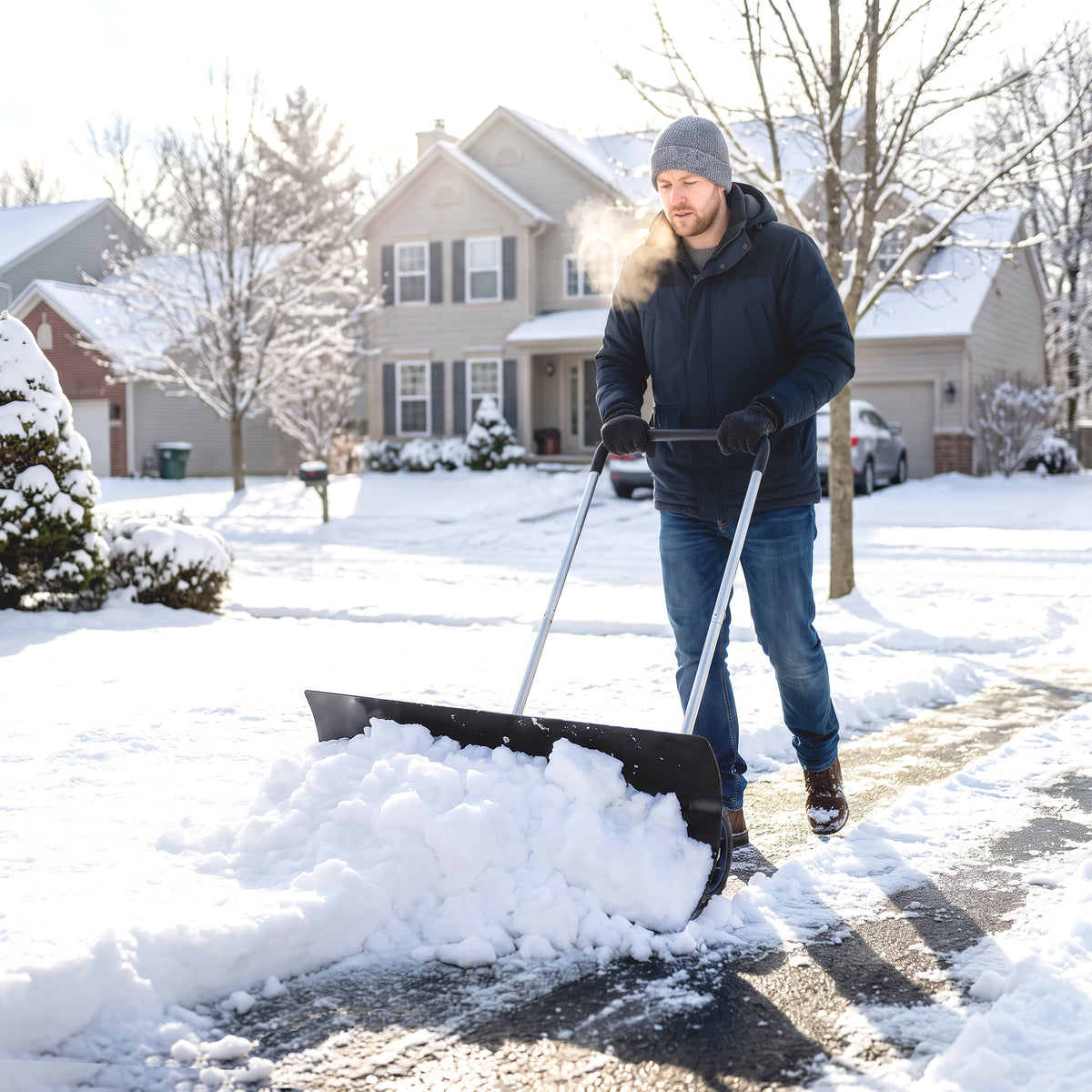 Grote sneeuwschuiver 95 cm extra breed aluminium sneeuwschep met wielen verstelbaar & antislip handgreep, schuin (2)