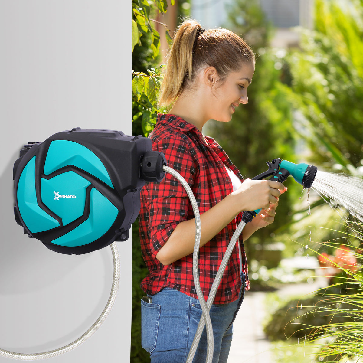Slanghaspel met tuinslang 10 m waterslangoprolhaspel met automatische oprolfunctie, 180° zwenkbare (2)