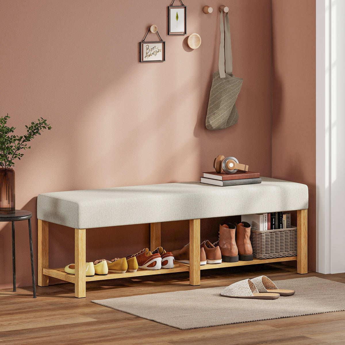 140 cm schoenenbank van massief hout, moderne halbank met gestoffeerde zitting voor twee personen, natuurlijk (2)