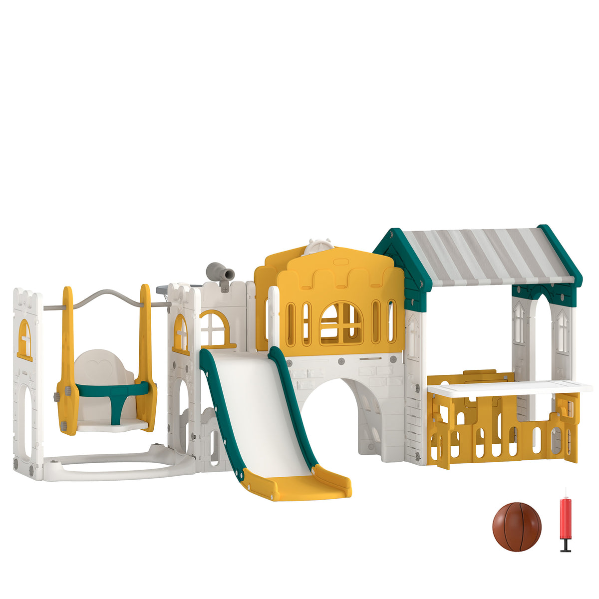 11-in-1 kinderglijbaan met schommel speelhuis tuinglijbaan met tunnel basketbalring telescoop stuurwiel