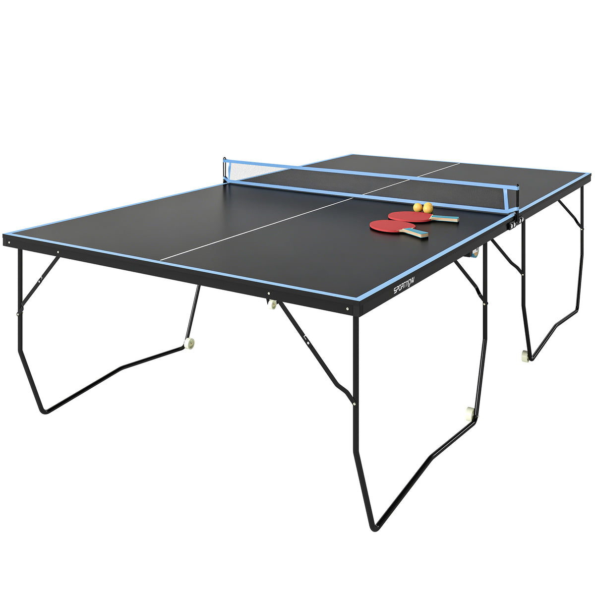 Tafeltennistafel, inklapbaar, 8 wielen, gepoedercoat stalen frame, MDF, 274 x 152,5 x 76 cm, zwart