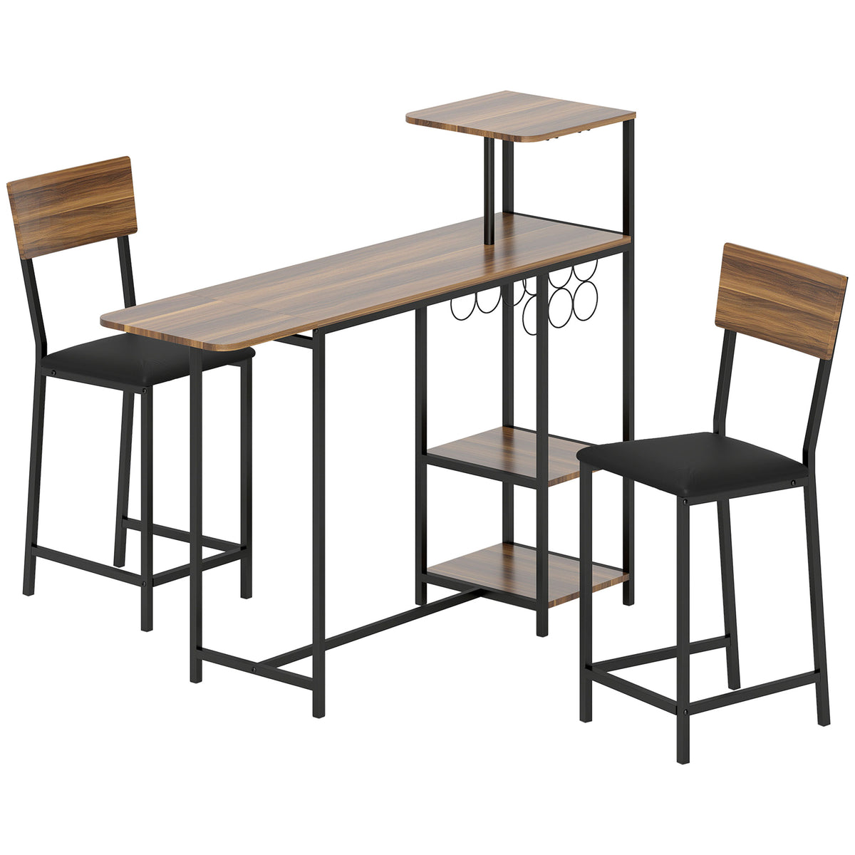 3-delige bartafelset, 1 bartafel, 2 stoelen, met wijnrek, glashouder, open schappen, voetsteunen, bruin