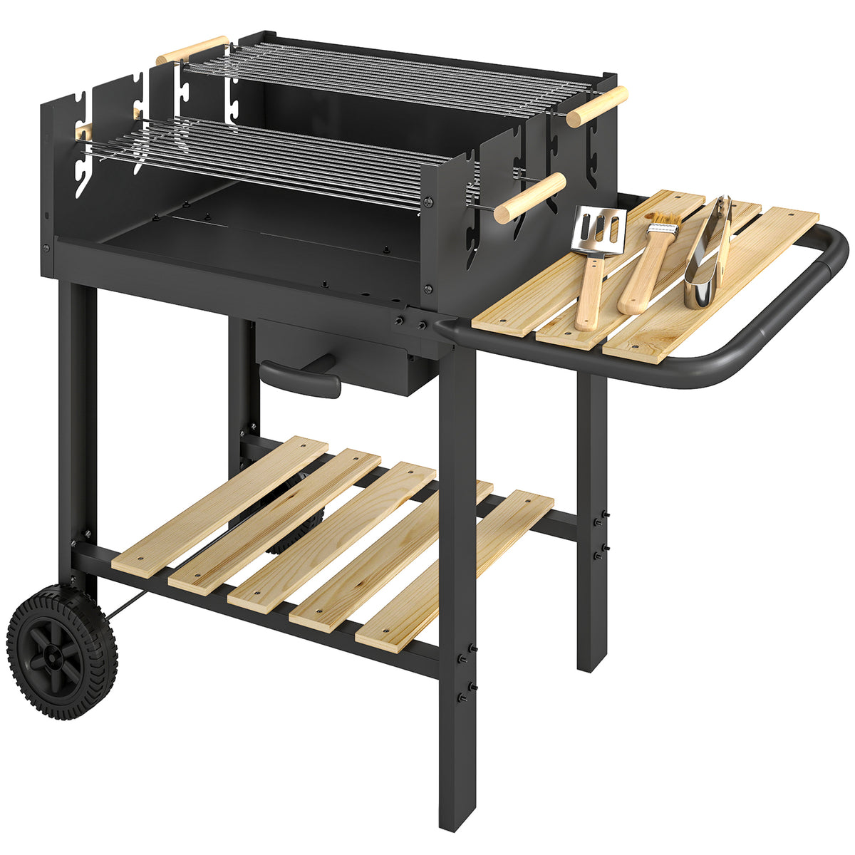 Houtskoolgrill barbecuekar met 4-voudig in hoogte verstelbaar grillrooster, 2 houten zijtafels, 2 wielen, asbak