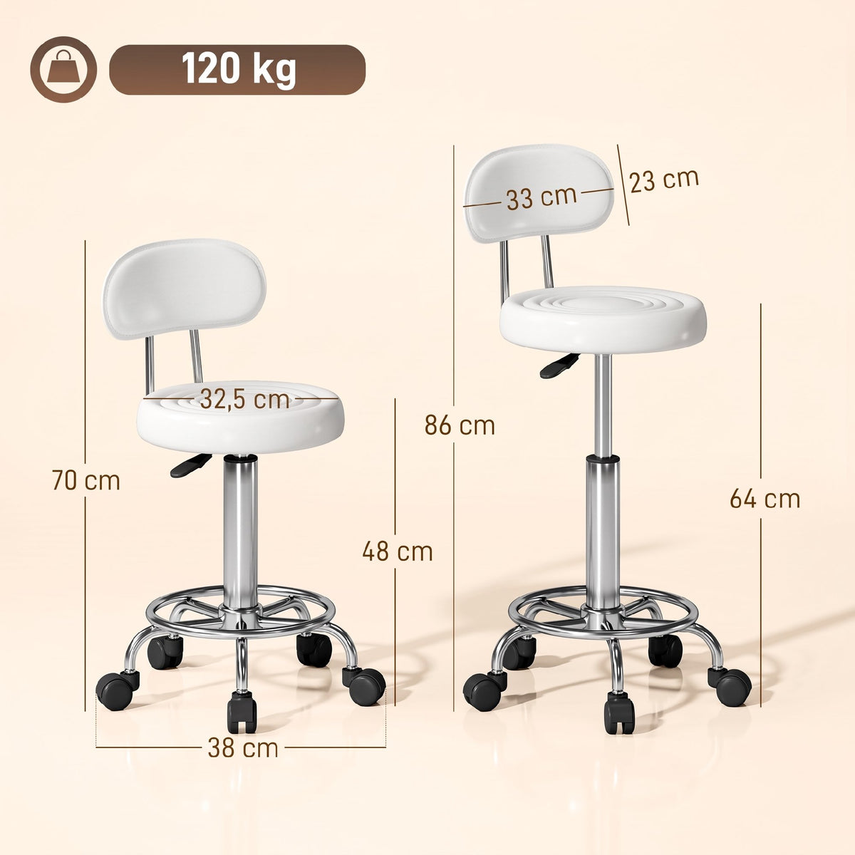 Rolkruk, draaibare en verstelbare kruk met rugleuning, kunstlederen bekleding, voetensteun, voor kaptafels, wit (3)