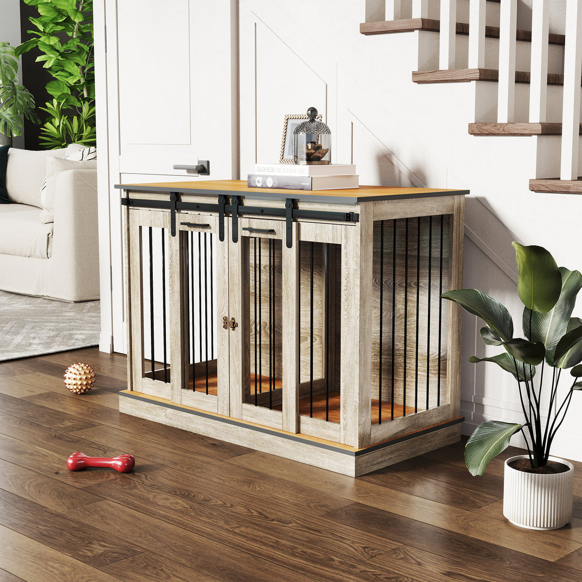 Hondenbench met 2 deuren, transportbench voor honden, rustiek design, afsluitbaar, bruin (2)