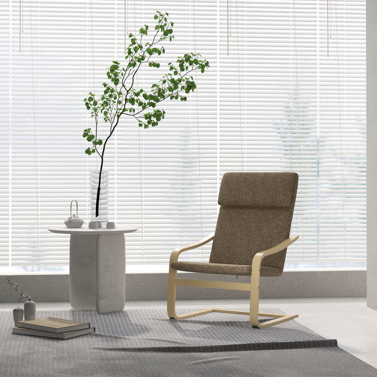 Fauteuil met hoofdsteun en armleuningen, bekleding in linnenlook, houten frame, bruin + naturel (2)