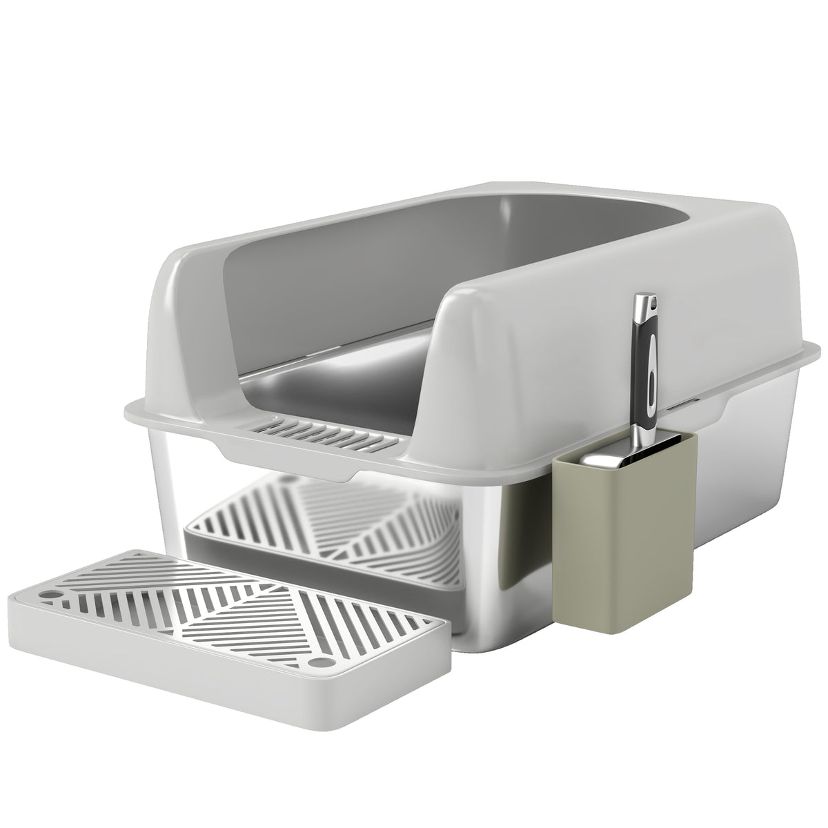 Kattenbak, kattentoilet, roestvrij staal, hoge wanden, opbergbox, lichtgrijs