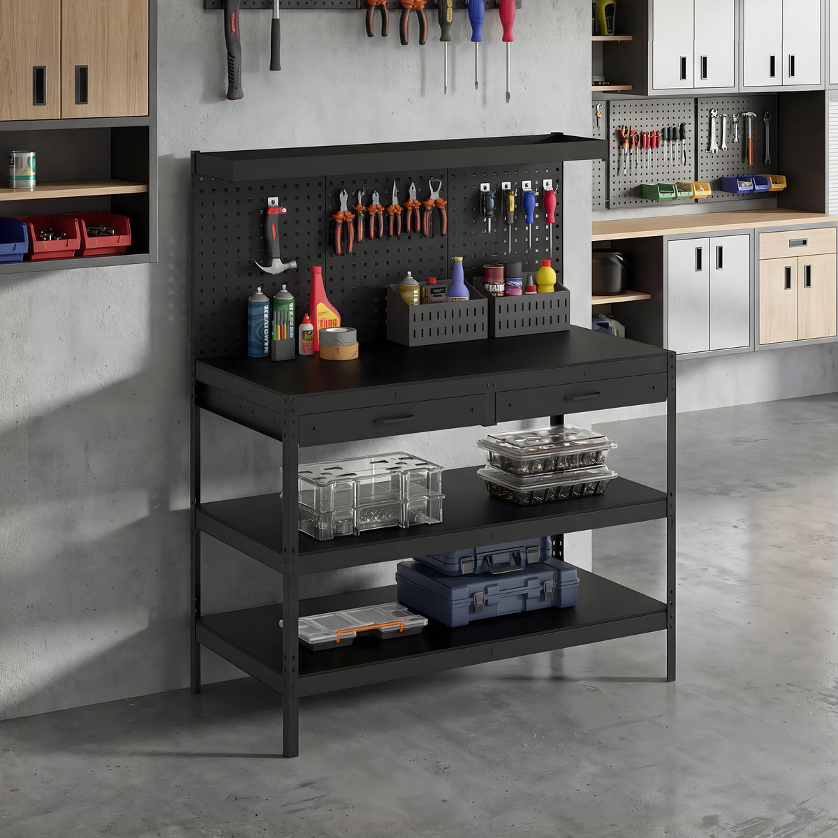 Werkbank met verstelbare planken, robuust werkstation met geperforeerde wand en 2 lades, 122 x 61 x 156 cm (2)
