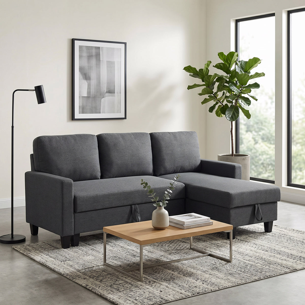 Hoekbank met slaapfunctie en opbergruimte, L-vorm slaapbank met verstelbare chaise longue, voor appartement en (8)