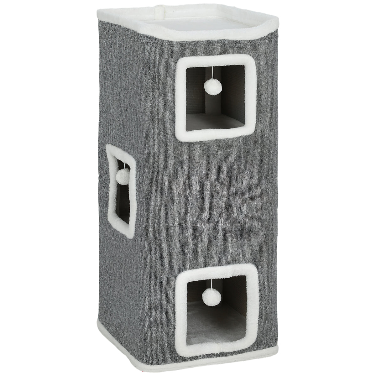 4-traps kattentoren, krabpaal met 3 grotten, spaanplaat, speelballen, grijs
