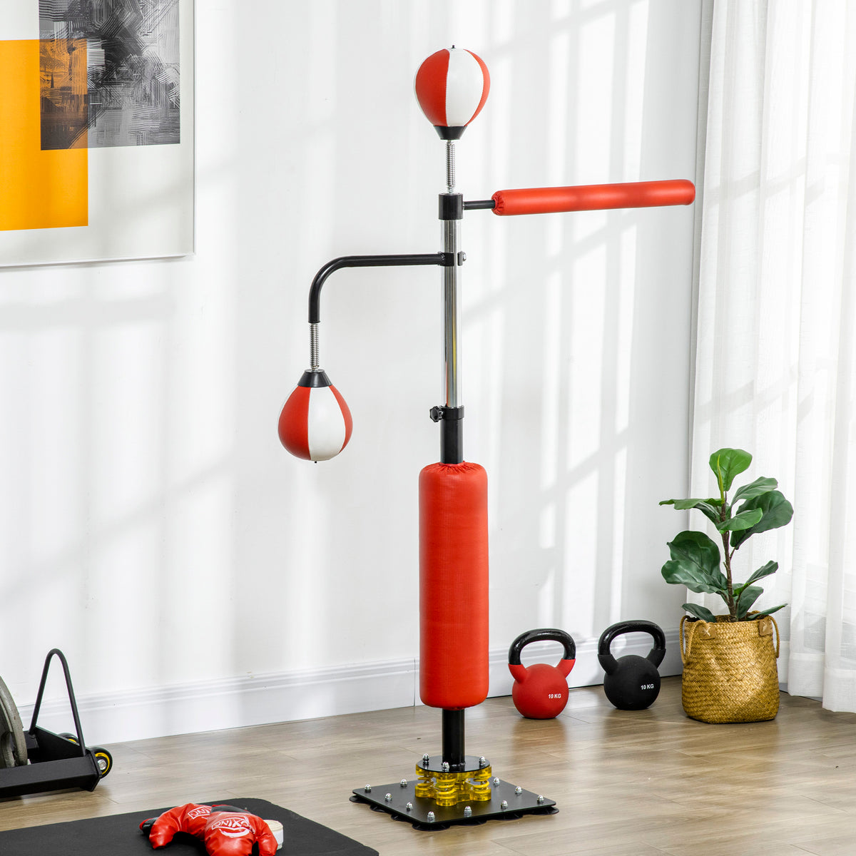 Boksstandaard, twee speedballs, draaibare boksstang, trapkussen, in hoogte verstelbaar, staal, 107 x 36 x (2)