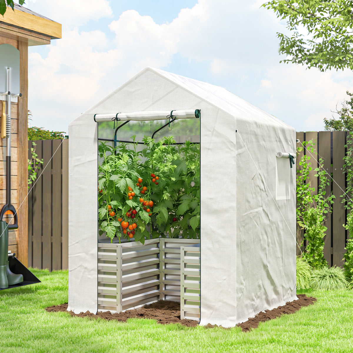 Tomatenkas foliekas met verhoogde kweekbak roldeur raam schuin dak 141 x 141 x 190 cm wit (2)