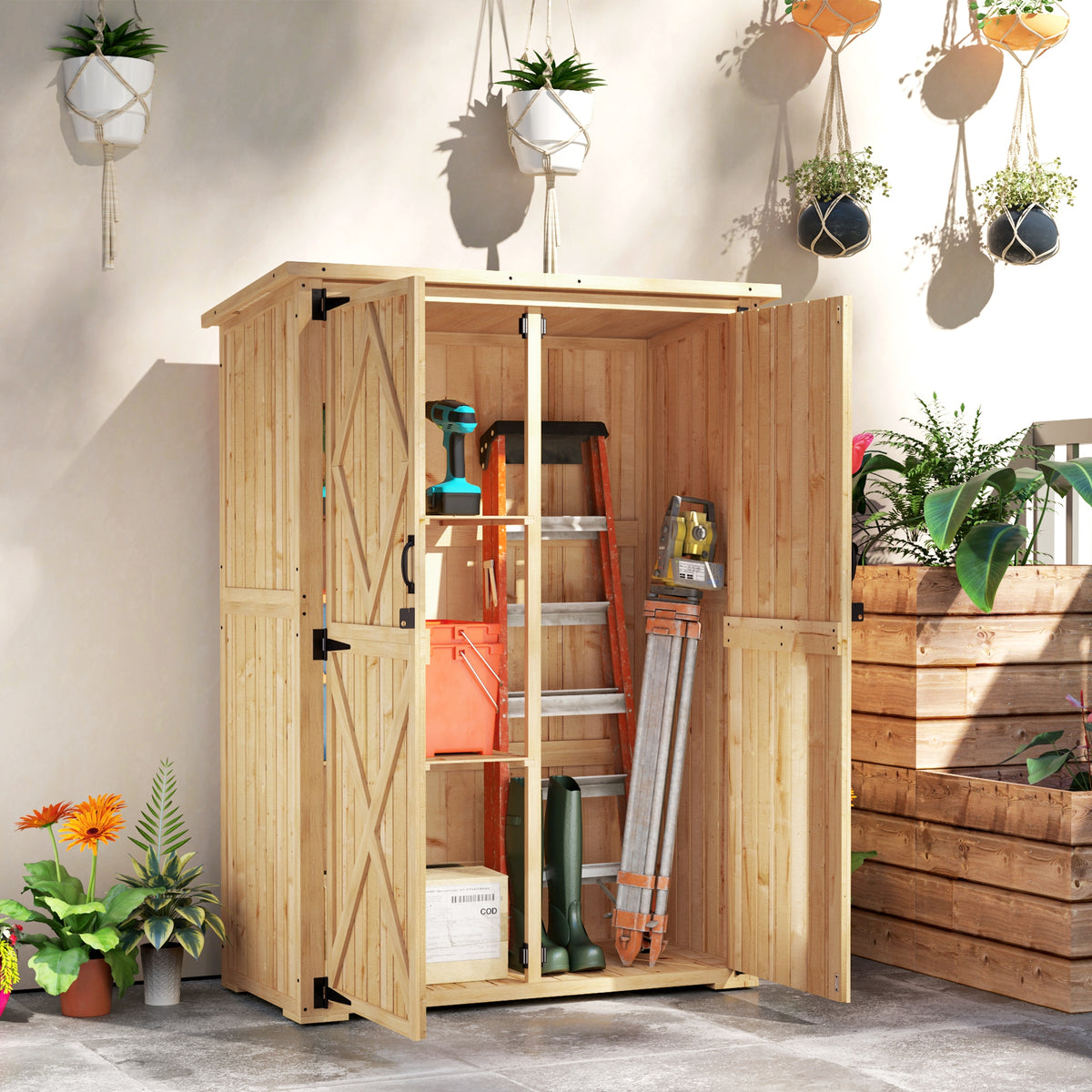 Tuinhuis, houten schuur voor gereedschap en tuinspullen, asfalt dak, dubbele deuren, vurenhout, lichtbruin (2)