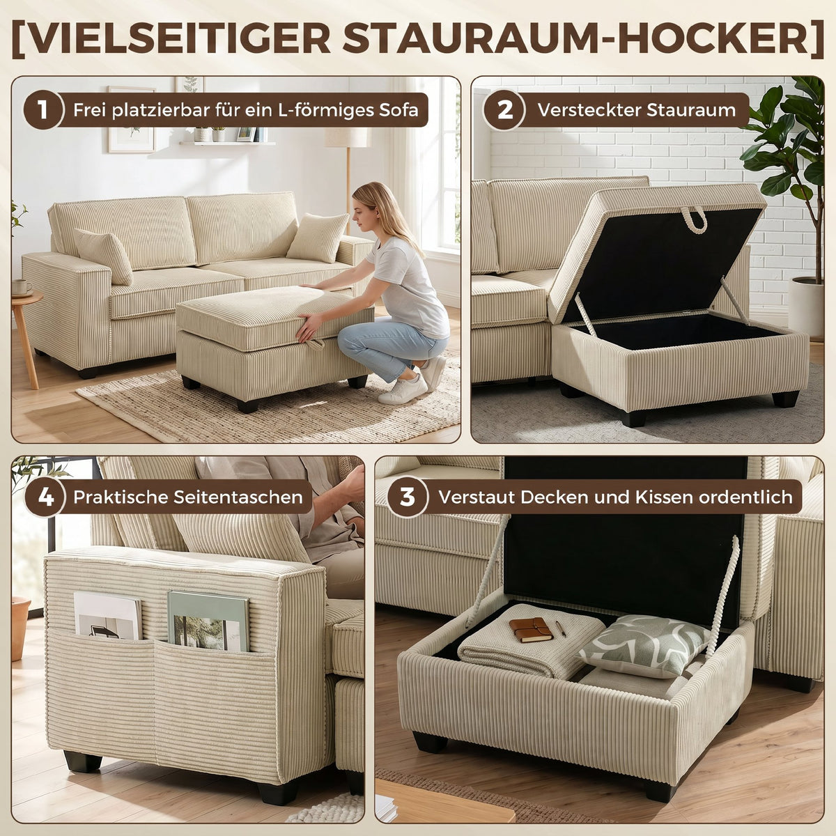 Hoekbank 216 cm 3-zits L-vorm bank met omkeerbare opbergpoef, ribfluweel-look, brede zitting, voor woonkamer (5)