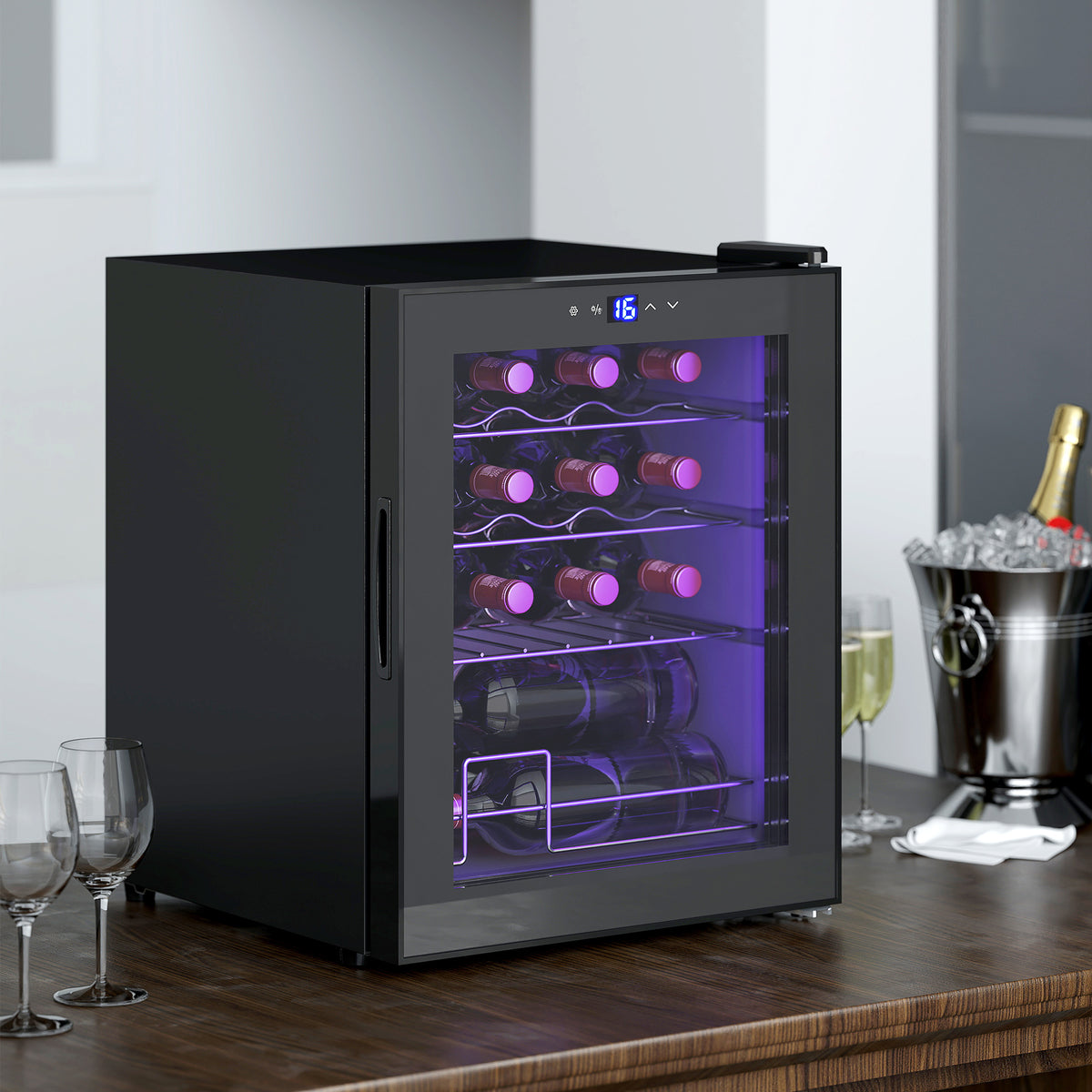 Vrijstaande wijnkoelkast, 16 flessen, voor thuisbar, woonkamer, keuken, touchscreen, glazen deur, ledverlichting (2)