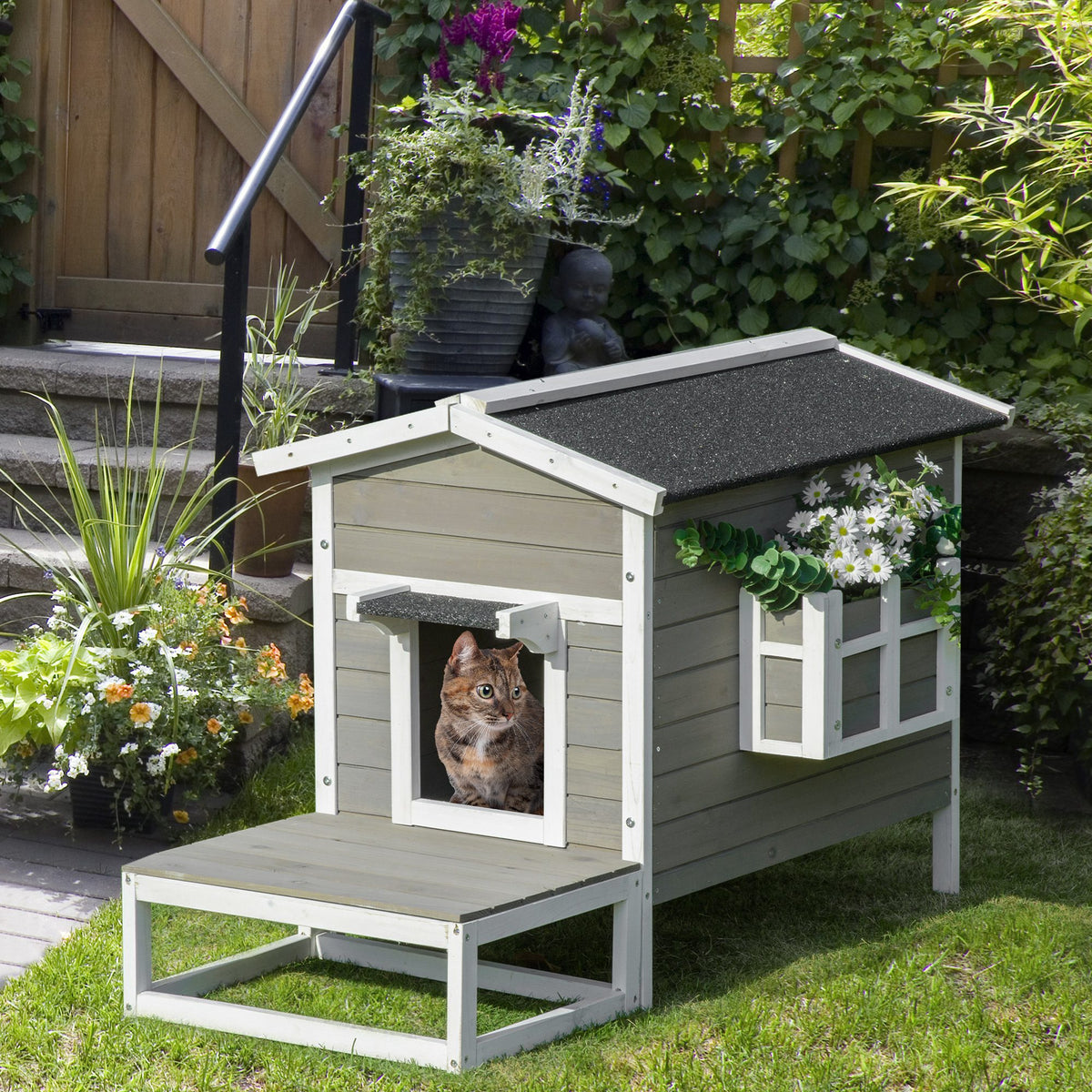 Houten kattenhuis wintervast waterdicht kattenhok met asfalt dak terras kattenhol kattenbak buiten schuilplaats (2)