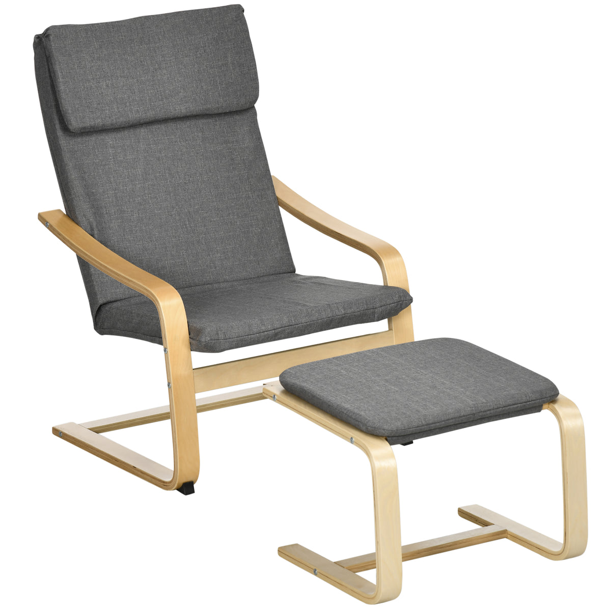 Fauteuil met voetenbank, fauteuilset, tot 120 kg, linnenlook, massief hout, grijs + naturel, 66,5 x 80 x 99 cm
