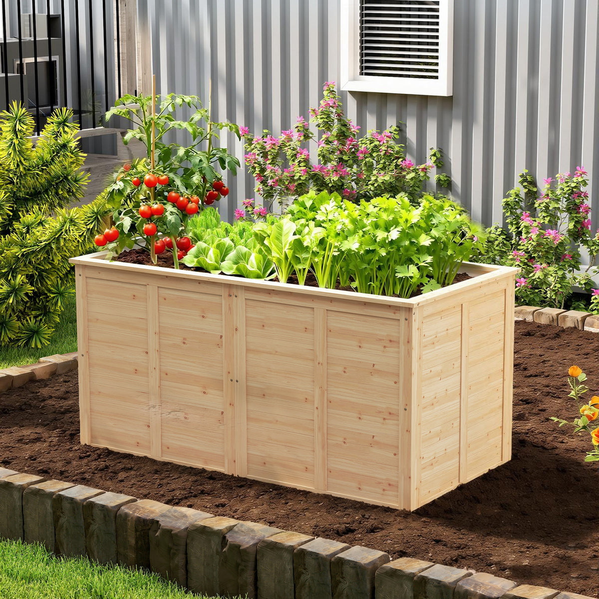 Houten verhoogde plantenbak 152 x 77 x 77 cm kruidenbed met open bodem en verstevigingsstangen (2)