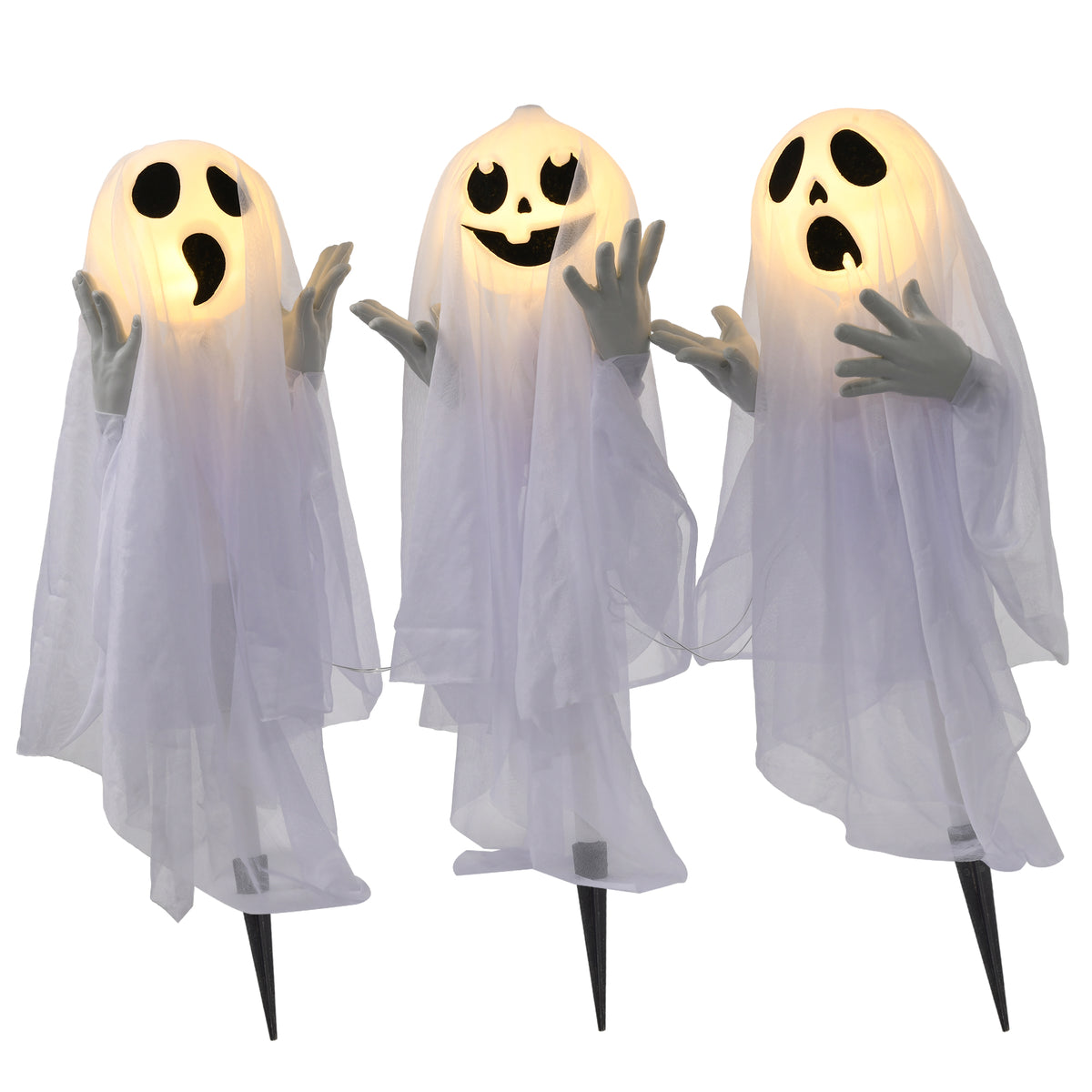 Halloweendecoratie, 3 oplichtende geesten, bewegingssensor, 54 x 10 x 60 cm, wit