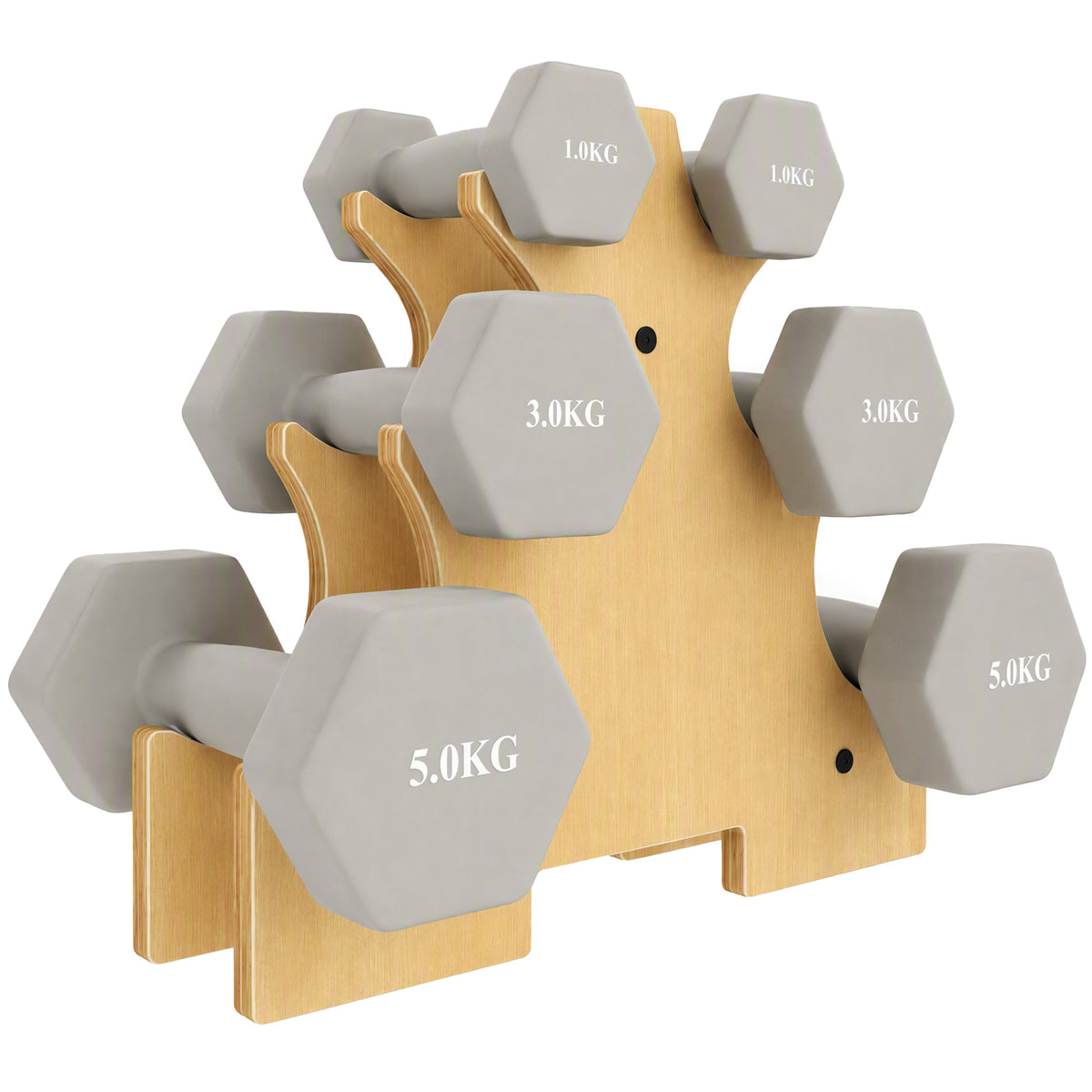 Haltersenset 3 paar 1kg 3kg 5kg dumbbells met houten standaard, antislipgreep, gietijzer zeshoekig lichtgrijs