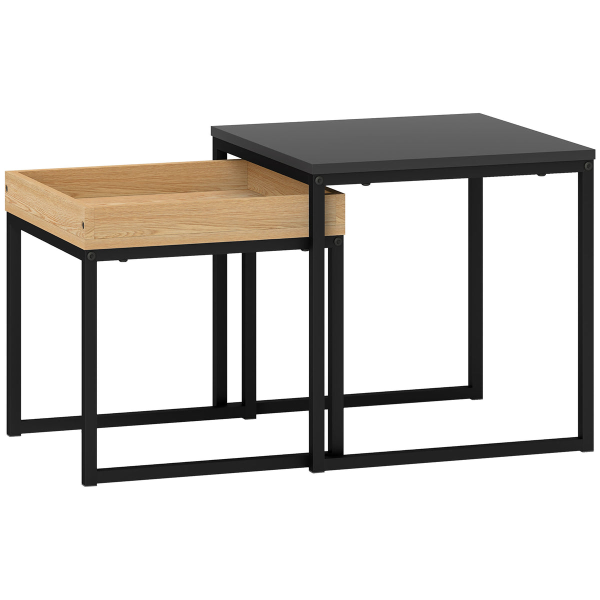 Moderne salontafel, set van 2 bijzettafels, voor kleine ruimtes, vierkant, MDF, metaal, zwart