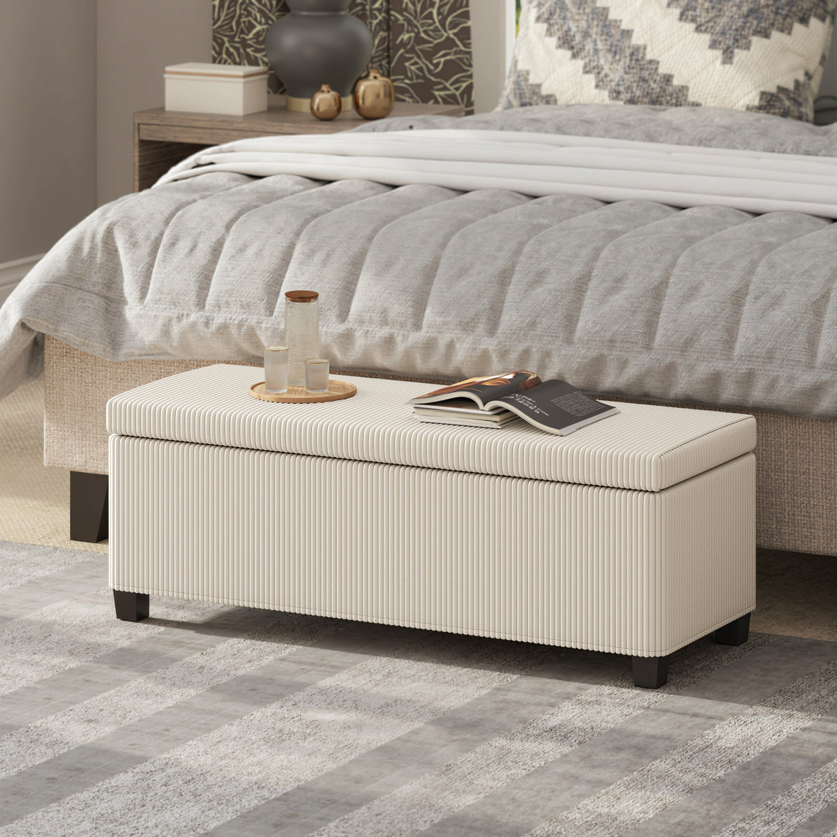 Opbergbank, zitbank met opbergruimte, corduroy design, stalen frame, beige (2)