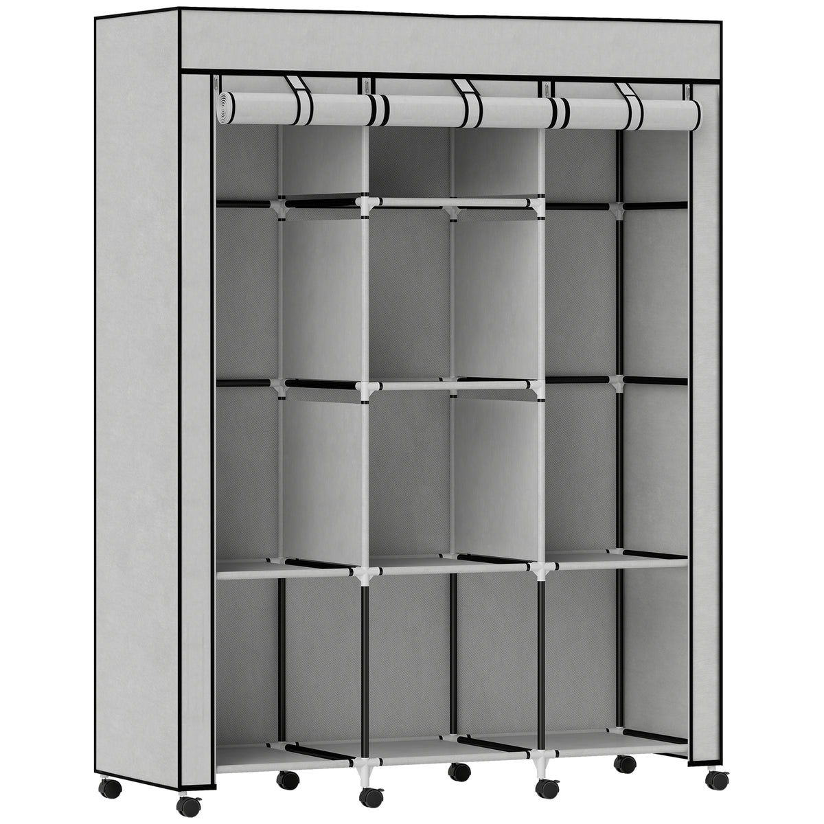 Stoffkast, opbergoplossing, 8 planken, 2 kledingroedes, grijs
